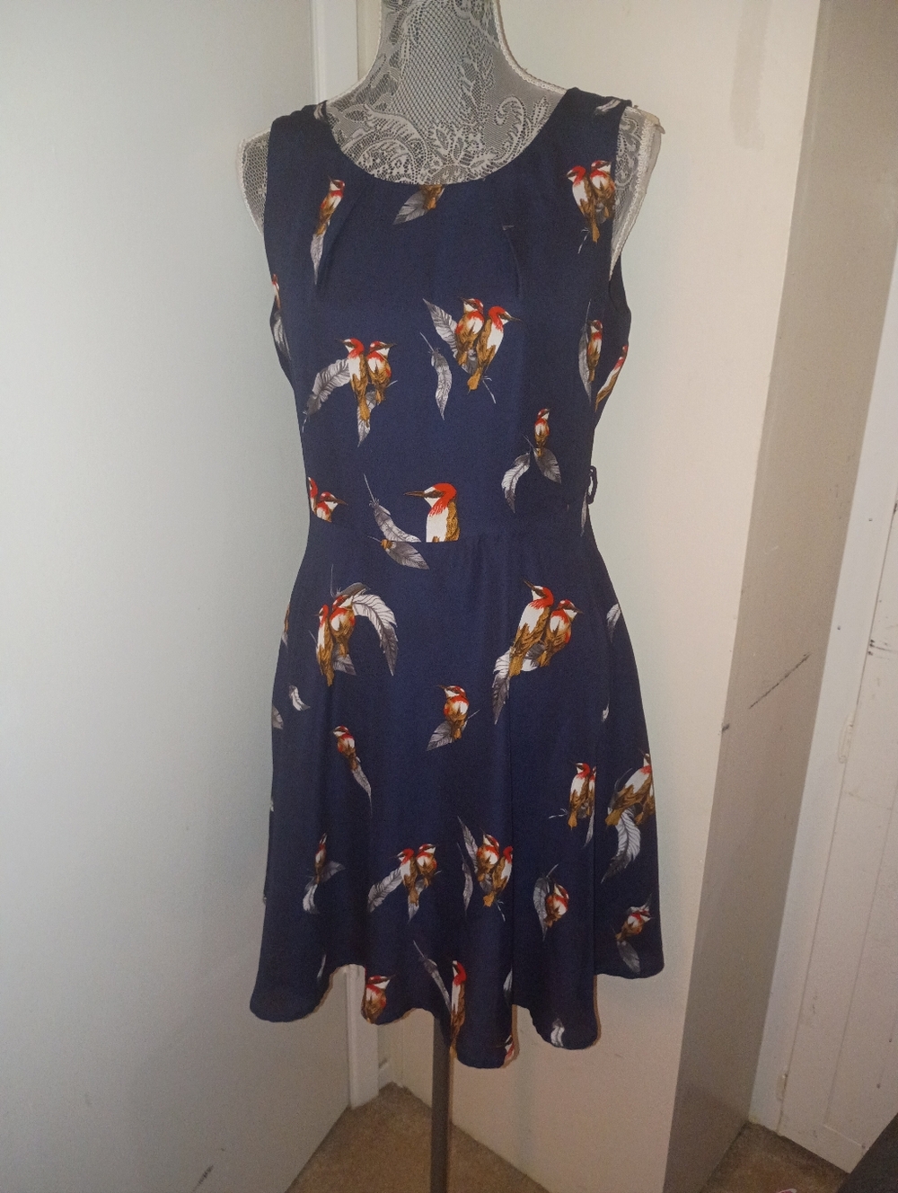 LA Soul Bird Print Navy Lined Sleeveless VM Dress Size Medium